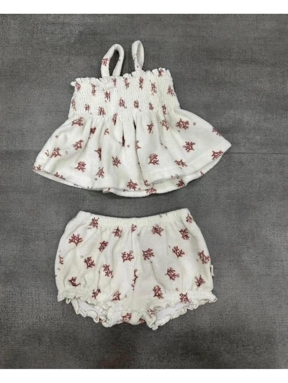 3-6m • Easy Peasy • Cute baby white coral print terry 2-piece outfit